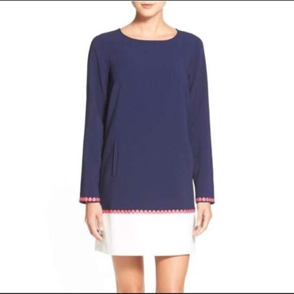 Vineyard Vines Women's Large Navy Shift Dress, Embroidery, Pockets, Long Sleeve - Picture 1 of 8
